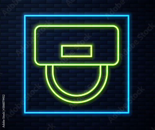 Glowing neon line Bellboy hat icon isolated on brick wall background. Hotel resort service symbol. Vector.