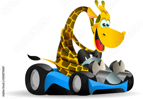 Giraffe racing in a go kart