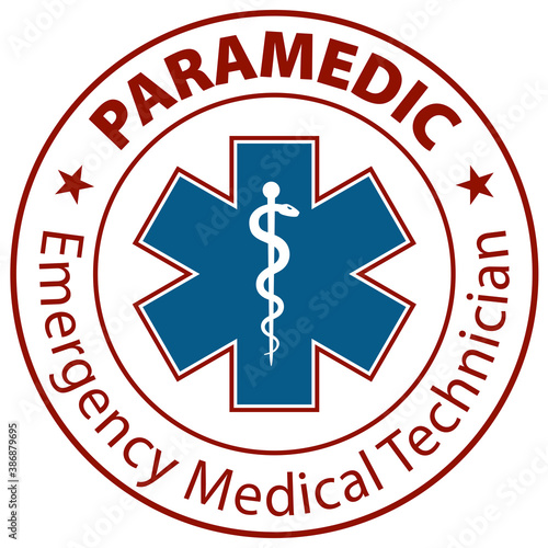 Paramedic Emergency Medical Technician text and Star of Life EMT symbol rubber stamp icon isolated on white background. Emergency Medical service emblem.