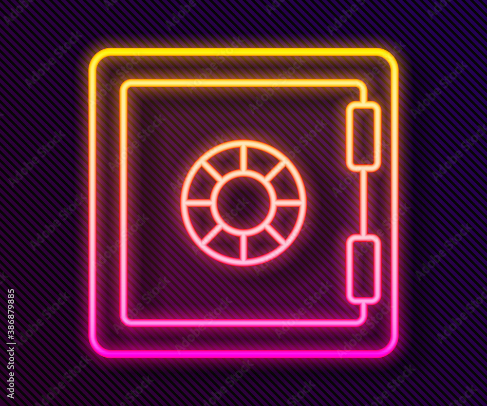 Glowing neon line Safe icon isolated on black background. The door safe a bank vault with a combination lock. Reliable Data Protection. Vector. Glowing neon line Safe icon isolated on black background. The door safe a bank vault with a combination lock. Reliable Data Protection. Vector.