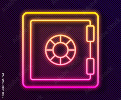 Glowing neon line Safe icon isolated on black background. The door safe a bank vault with a combination lock. Reliable Data Protection. Vector.