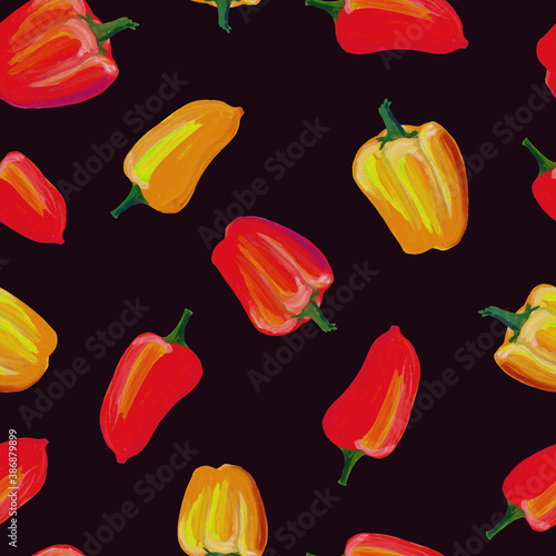 Colorful yellow and red pepper pattern. Hand drawn ornament on a black background. Bright fresh vegetable. Seamless pattern of red paprika on a dark background. Juicy appetizing pattern. 