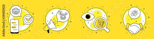 Reject file, Teamwork and Taxi line icons set. Cell phone, megaphone and deal vector icons. Love gift sign. Decline agreement, Employees chat, Public transfer. Heart. Business set. Vector