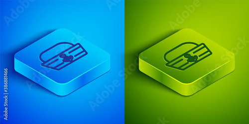 Isometric line Sailor hat icon isolated on blue and green background. Square button. Vector.