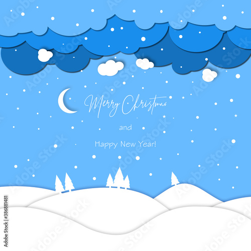Winter christmas landscape with moon and trees. Merry christmas and happy new year. Santa claus sleigh in the night sky with stars. Vector paper and crafts art