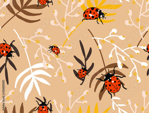 Abstract Hand Drawing Tropical Exotic Leaves and Branches with Ladybugs Repeating Vector Pattern Isolated Background