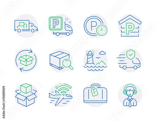 Transportation icons set. Included icon as Parking, Lighthouse, Search package signs. Truck transport, Packing boxes, Transport insurance symbols. Parking time, Airplane wifi, Hand baggage. Vector