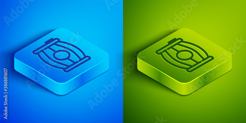 Isometric line Gun powder barrel icon isolated on blue and green background. TNT dynamite wooden old barrel. Square button. Vector.