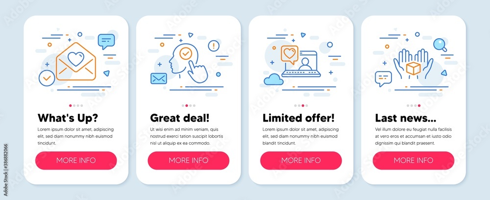 Set of People icons, such as Friends chat, Select user, Love letter symbols. Mobile app mockup banners. Hold box line icons. Love, Head with checkbox, Heart. Delivery parcel. Vector