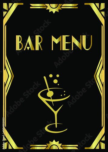 Art Deco vintage invitation template design with illustration of cocktail glass in 1920's style. vintage invitation template design for drink list, bar menu, glamour event, wedding