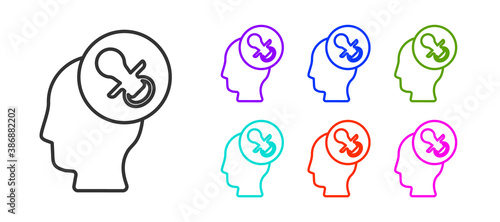 Black line Baby dummy pacifier icon isolated on white background. Toy of a child. Set icons colorful. Vector.