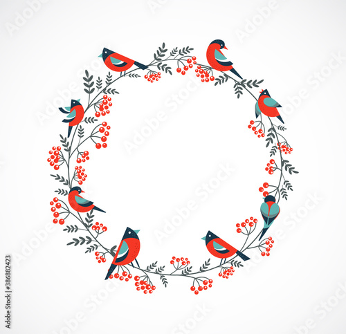 Merry Christmas greeting card frame with a robin and floral elements 