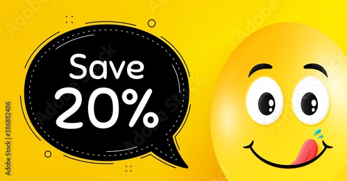 Save 20% off. Easter egg with yummy smile face. Sale Discount offer price sign. Special offer symbol. Easter smile character. Discount speech bubble. Yellow yummy egg background. Vector