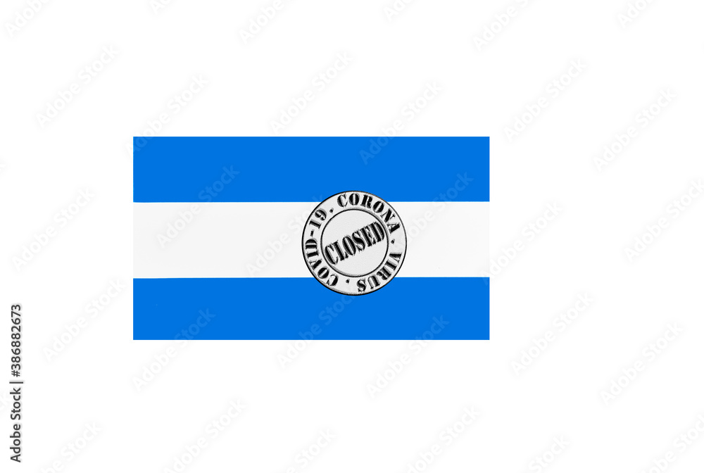 flag with text closed by covid 19 and corona stamp