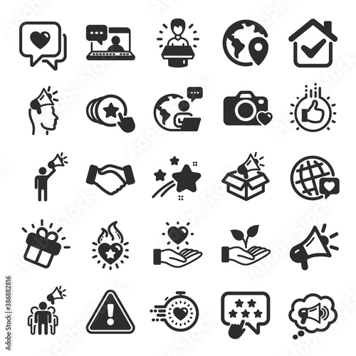 Brand ambassador icons. Influence people, Megaphone and Representative. Handshake, influencer marketing person, social media like icons. Ambassador person. Brand pr. Flat icon set. Vector