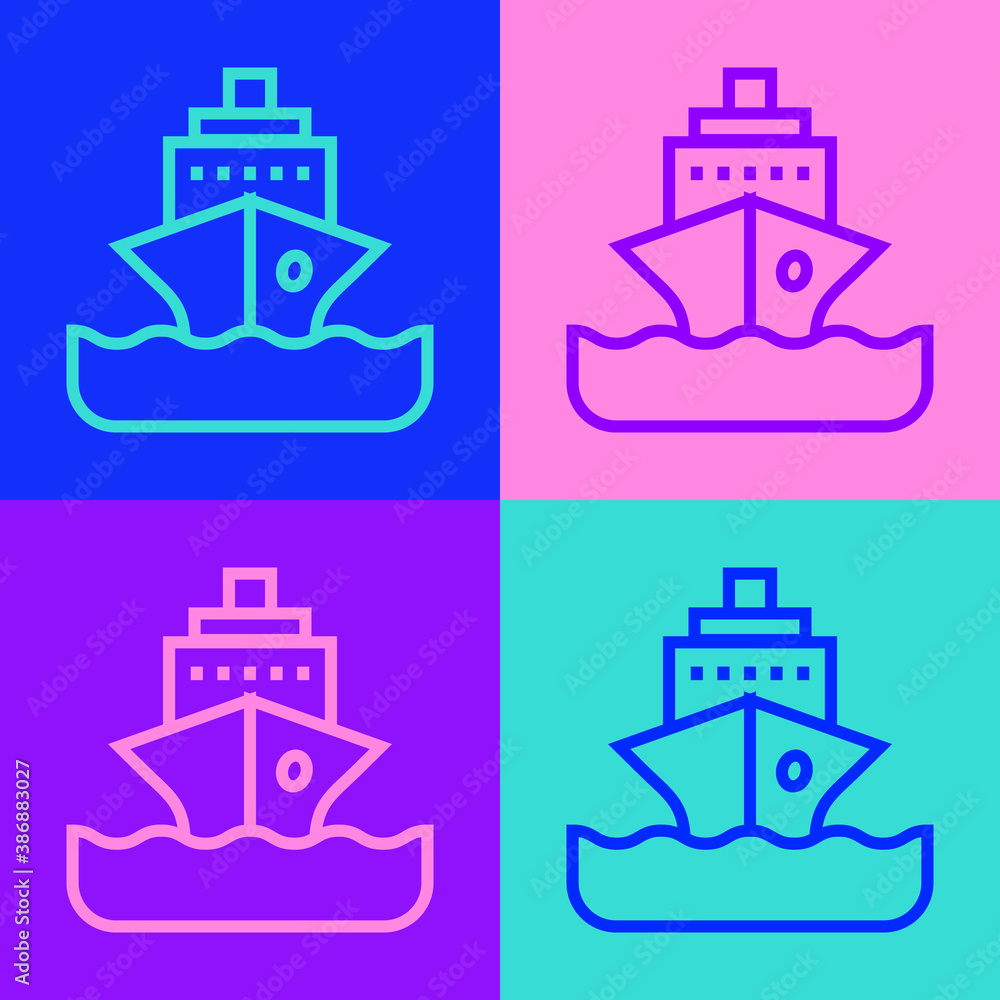 Obraz premium Pop art line Cruise ship icon isolated on color background. Travel tourism nautical transport. Voyage passenger ship, cruise liner. Worldwide cruise. Vector.