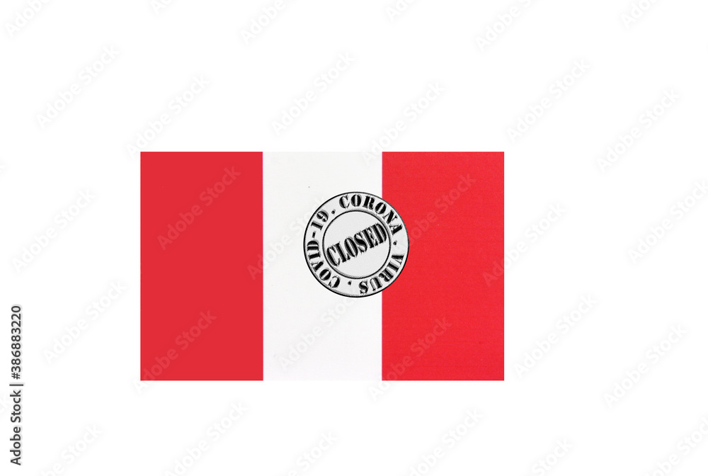 flag with text closed by covid 19 and corona stamp