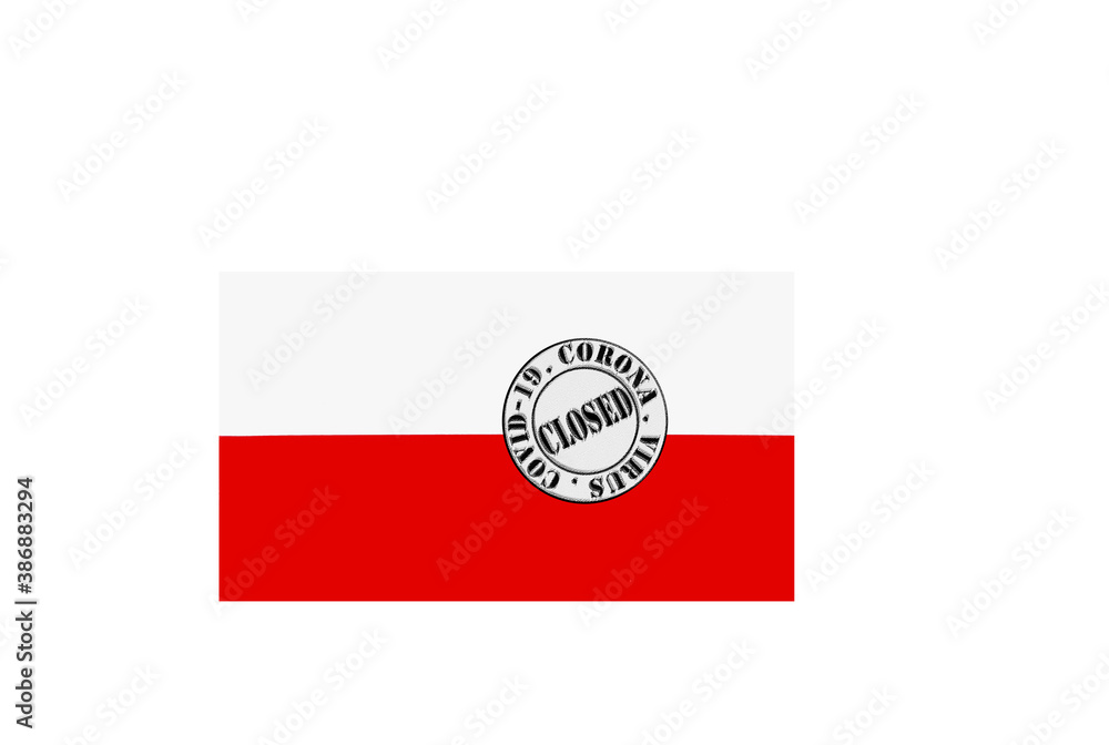 flag with text closed by covid 19 and corona stamp