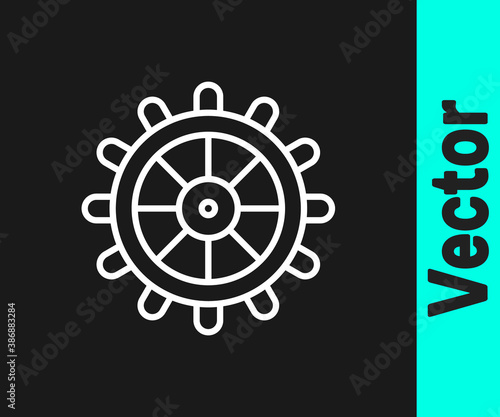 White line Ship steering wheel icon isolated on black background. Vector.