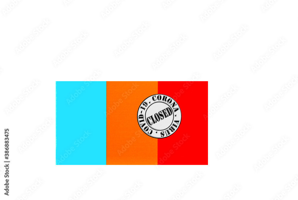 flag with text closed by covid 19 and corona stamp