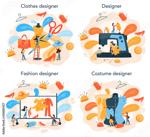 Fashion or clothes designer concept set. Professional tailor sewing