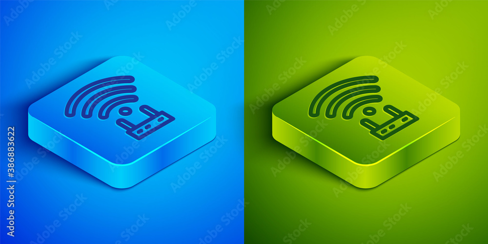 Isometric line Router and wi-fi signal icon isolated on blue and green background. Wireless ethernet modem router. Computer technology internet. Square button. Vector. Isometric line Router and wi-fi signal icon isolated on blue and green background. Wireless ethernet modem router. Computer technology internet. Square button. Vector.
