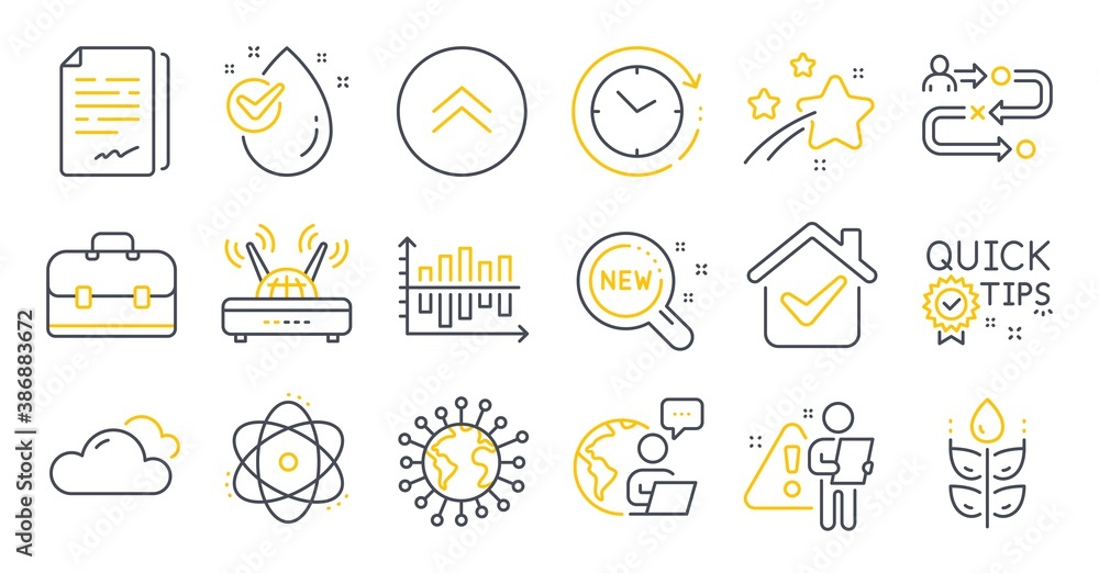 Set of Science icons, such as Wifi, Water drop, New products symbols. Cloudy weather, Coronavirus, Journey path signs. Time change, Swipe up, Atom. Quick tips, Portfolio, Gluten free. Vector - obrazy, fototapety, plakaty 