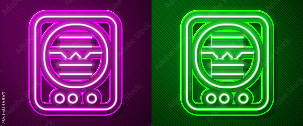 Glowing neon line Attitude indicator is an instrument used in an aircraft to inform the pilot of the orientation of the aircraft icon isolated on purple and green background. Vector. Glowing neon line Attitude indicator is an instrument used in an aircraft to inform the pilot of the orientation of the aircraft icon isolated on purple and green background. Vector.