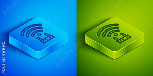 Isometric line Router and wi-fi signal icon isolated on blue and green background. Wireless ethernet modem router. Computer technology internet. Square button. Vector.