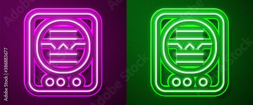 Glowing neon line Attitude indicator is an instrument used in an aircraft to inform the pilot of the orientation of the aircraft icon isolated on purple and green background. Vector.