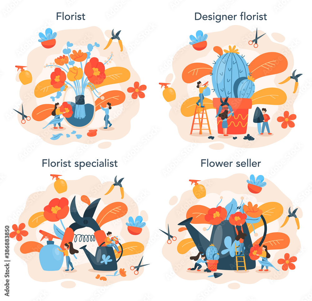 Fototapeta premium Florist concept set. Creative occupation in floral boutique. Event