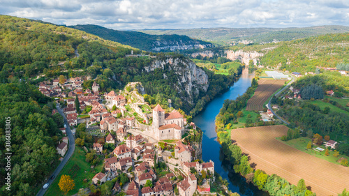 aerial view of saint cirq lapopie town, france photo