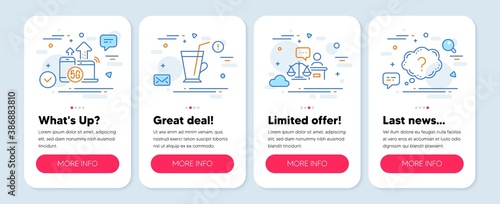 Set of Business icons, such as Court judge, 5g internet, Coffee cup symbols. Mobile screen banners. Question mark line icons. Judgement, Wireless technology, Latte drink. Quiz chat. Vector