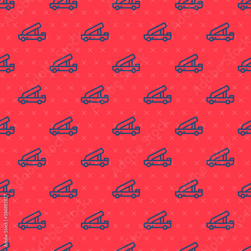 Blue line Passenger ladder for plane boarding icon isolated seamless pattern on red background. Airport stair travel. Vector.