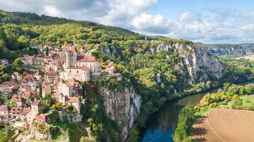 aerial view of saint cirq lapopie town, france