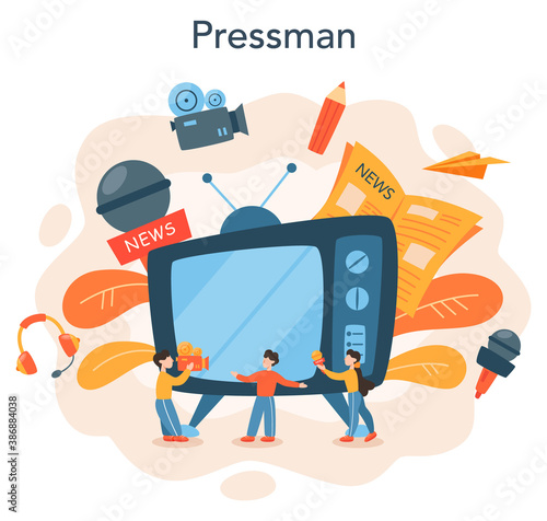 Journalist concept. TV reporter with microphone. Mass media
