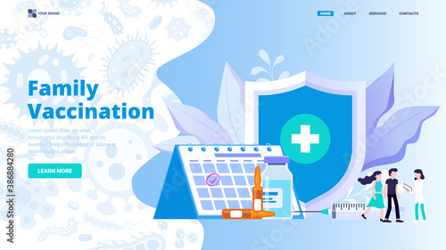 Personal and family immunization concept. Flat vector illustration for website, landing page, banner, hero image. Modern stylish family and personal vaccination vector concept. 