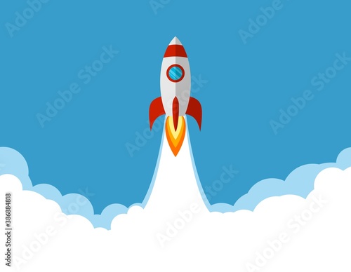 Rocket launch, ship flies into the sky or space. Concept of new business project start up development and launch a new innovation product on a market. Vector illustration