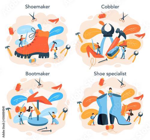 Shoemaker concept set. Male and female character mending shoe.