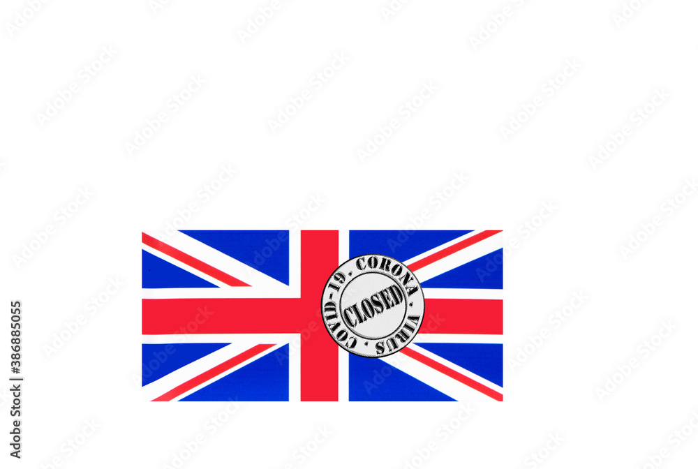 flag with text closed by covid 19 and corona stamp