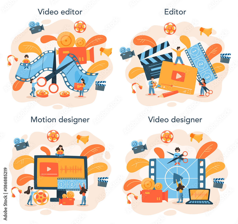 Video editor or designer set. Artist create computer animation for  multimedia Stock Vector | Adobe Stock