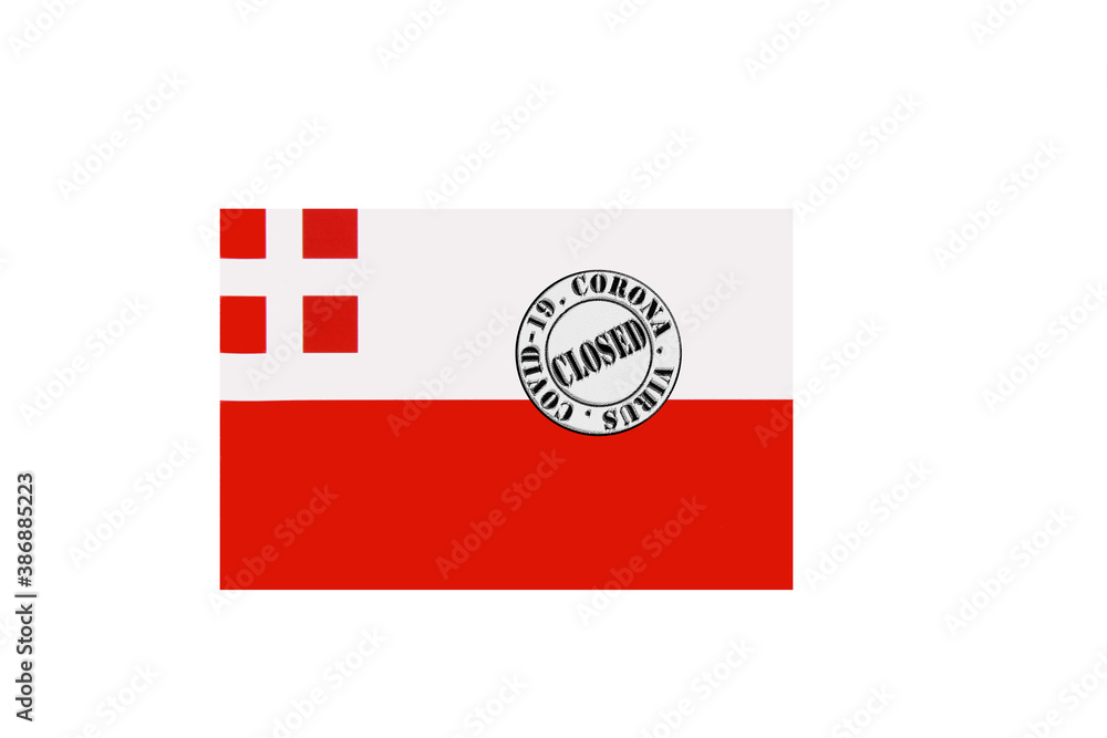 flag with text closed by covid 19 and corona stamp