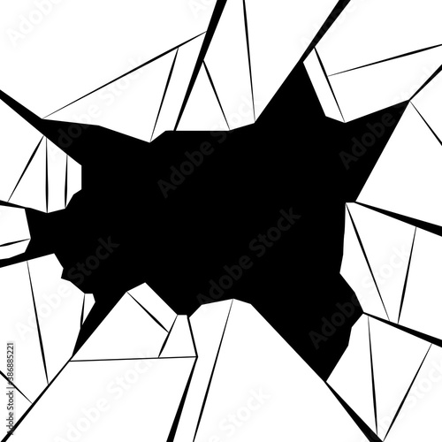 Contour illustration of broken glass with black background. Vandalism and hooliganism. Trusted window. Vector black and white outline element for banners, articles and your design