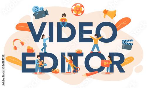 Video editor typographic header. Artist create computer animation