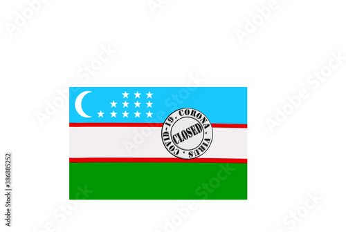 flag with text closed by covid 19 and corona stamp