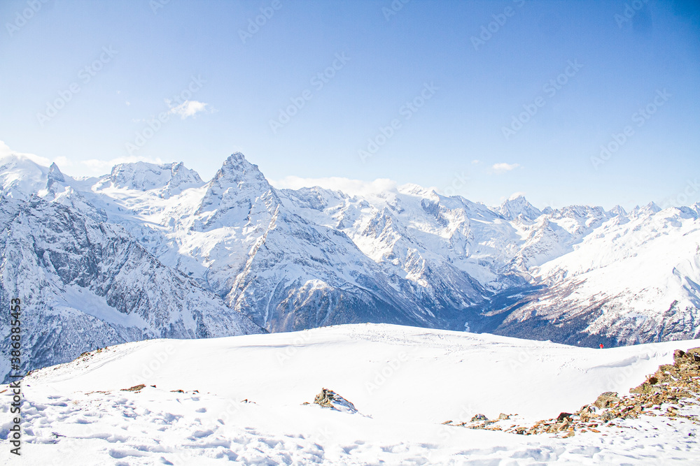 Winter landscape of mountains. Mountain Caucasian ridge.