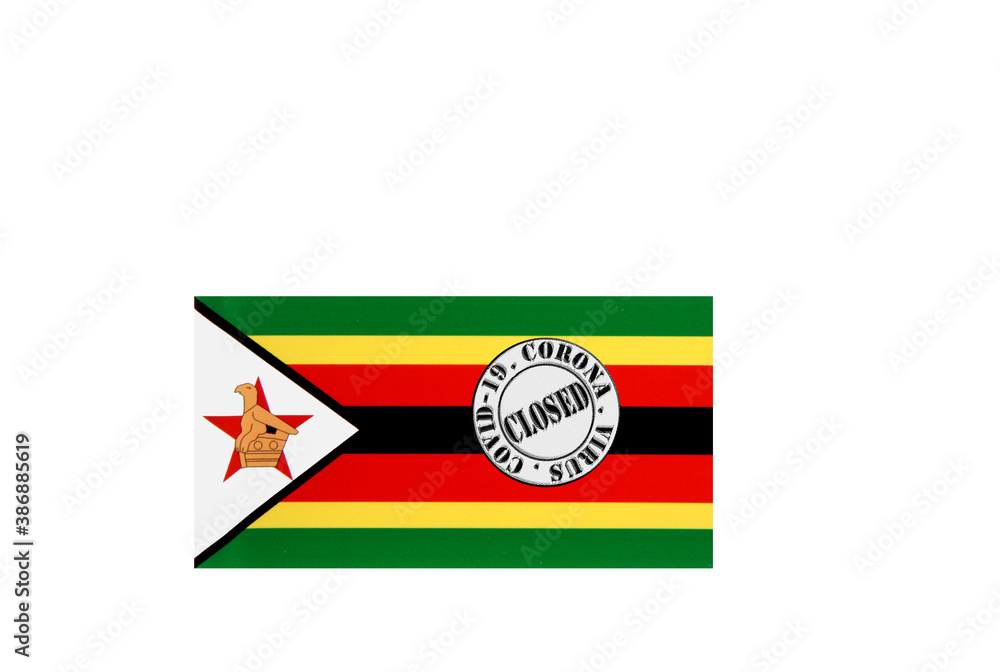 flag with text closed by covid 19 and corona stamp