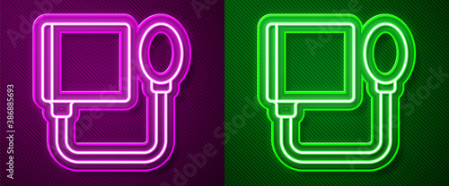 Glowing neon line Blood pressure icon isolated on purple and green background. Vector.