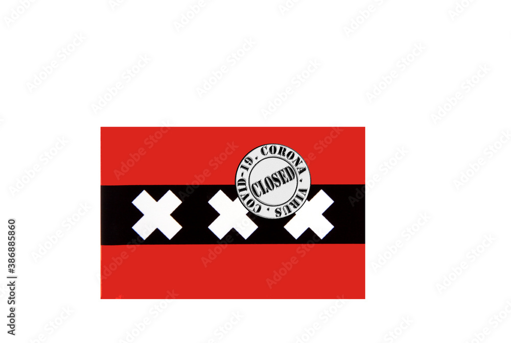 flag with text closed by covid 19 and corona stamp