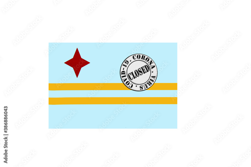 flag with text closed by covid 19 and corona stamp